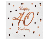 Серветки B&amp;C Happy 40 День народження, білі, рожеве золото, 33х33 см, 20 шт.
