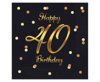 Серветки B&amp;C Happy 40 День народження, чорний, золотий принт, 33х33 см, 20 шт.