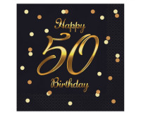 Серветки B&amp;C Happy 50 День народження, чорний, золотий принт, 33х33 см, 20 шт.