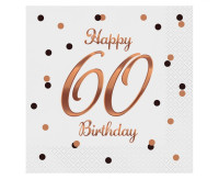 Серветки B&amp;C Happy 60 День народження, білі, рожеве золото, 33х33 см, 20 шт.