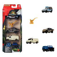 Сірникова коробка Jurassic World Cars Toys &amp; Dinosaur 5-пакетна іграшка, оснащена 4 металевими транспортними засобами в масштабі 1:64 і 1 динозавром JGL60 W12